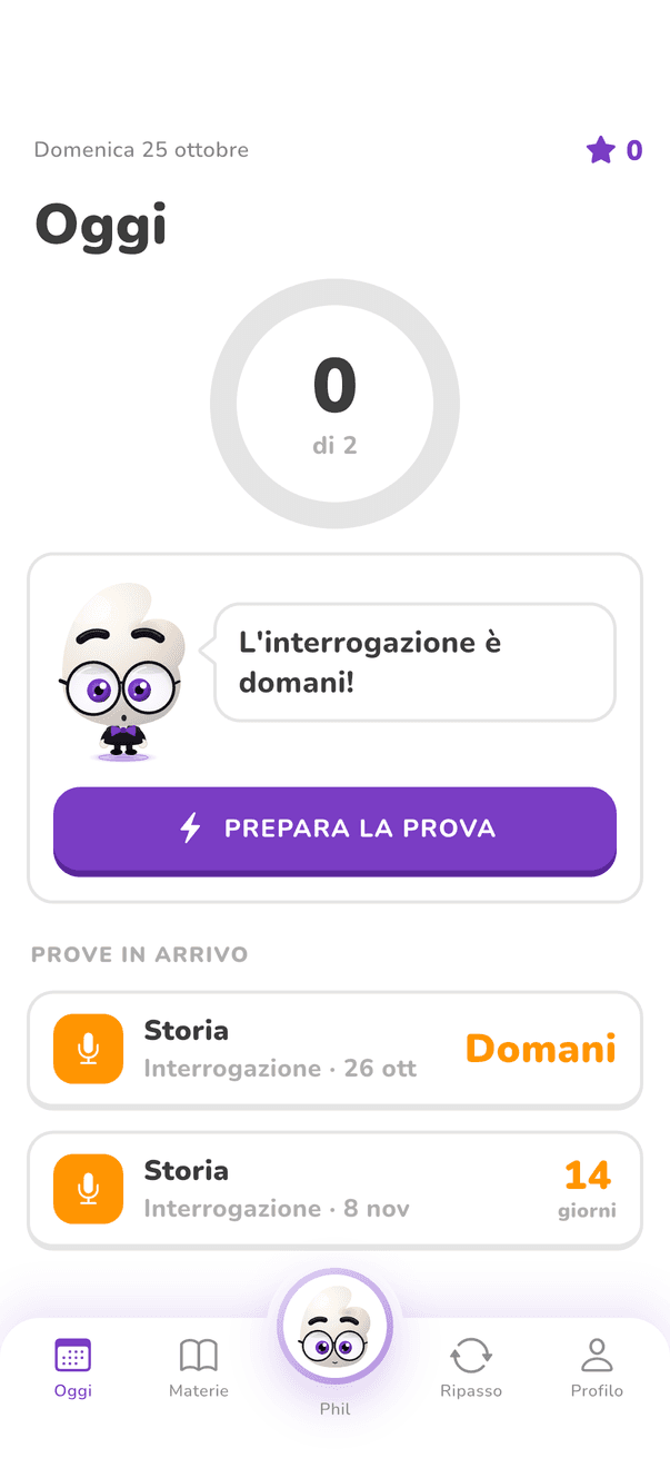 La pagina Oggi di RecApp: l'anello degli argomenti del giorno, 0 di 2, e Phil che dice «L'interrogazione è domani!» con il pulsante «Prepara la prova».